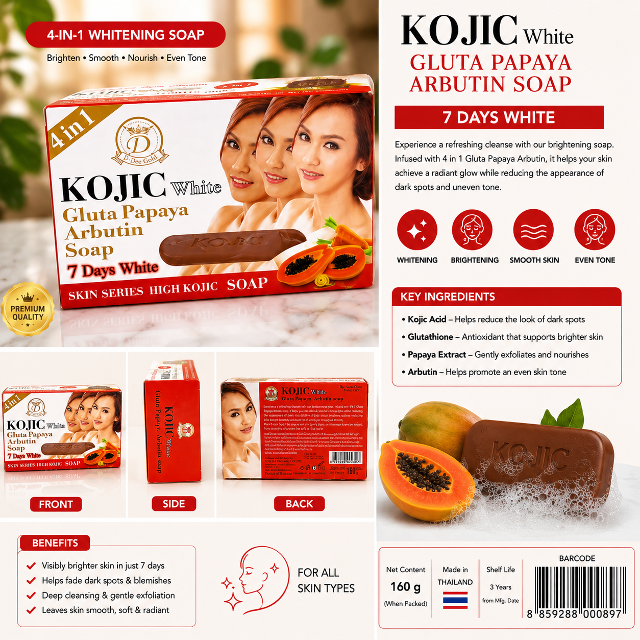 Kojic White Gluta Papaya Arbutin Soap - Brightening Bar Soap 160g
